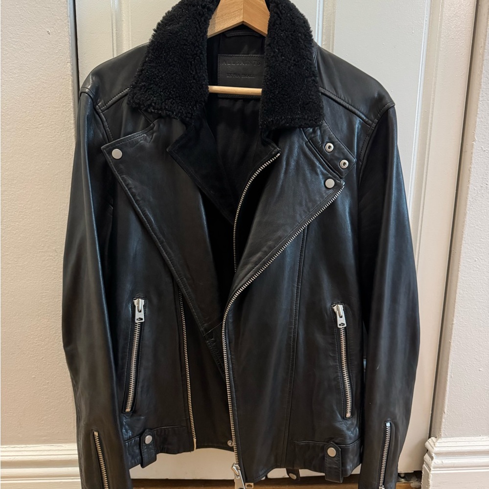 All Saints Black Leather Jacket with Shearling Collar